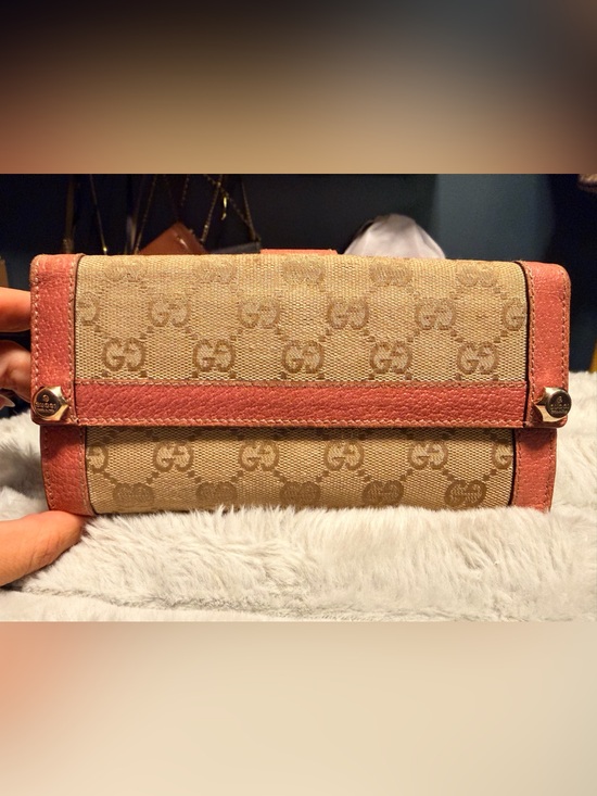 Gucci Handbags - Gucci Beige Monogram Charmy Continental Canvas Wallet with Pink Leather Trim